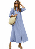 CHOUYATOU Women's Summer 3/4 Sleeve Striped Maxi Long Shirt Dress Boho Ruffled Button Down Beach Dress