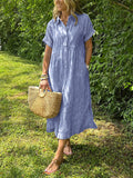 CHOUYATOU Women's Summer Striped Midi Long Shirt Dress Casual Loose Short Sleeve Button Down Dress