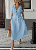 CHOUYATOU Women's Summer Boho V-Neck Cotton Tunic Dress Casual Loose Short Sleeve Midi Long Beach Dress