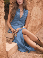 Chouyatou Women's Summer Button Down Denim Shirt Dress Business Casual Belted Sleeveless Midi Long Jean Dress