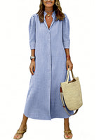 Chouyatou Women's Summer 3/4 Sleeve Striped Maxi Long Shirt Dress Boho Ruffled Button Down Beach Dress