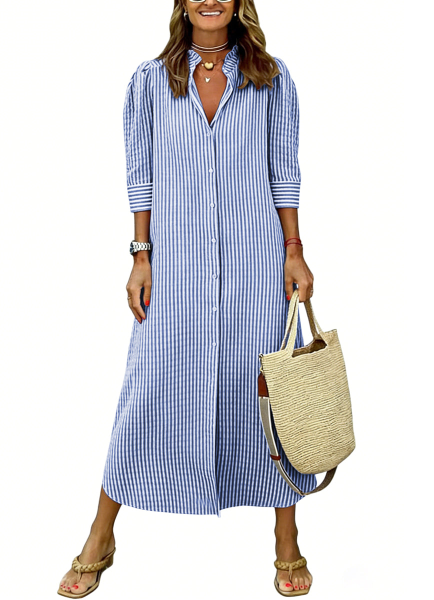 Chouyatou Women's Summer 3/4 Sleeve Striped Maxi Long Shirt Dress Boho Ruffled Button Down Beach Dress