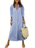 CHOUYATOU Women's Summer 3/4 Sleeve Striped Maxi Long Shirt Dress Boho Ruffled Button Down Beach Dress