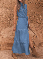 Chouyatou Women's Summer Button Down Denim Shirt Dress Business Casual Belted Sleeveless Midi Long Jean Dress