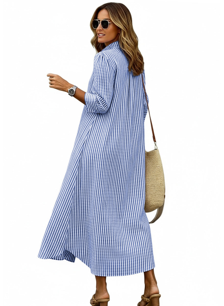 Chouyatou Women's Summer 3/4 Sleeve Striped Maxi Long Shirt Dress Boho Ruffled Button Down Beach Dress