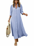 CHOUYATOU Women's Summer 3/4 Sleeve Striped Maxi Long Shirt Dress Boho Ruffled Button Down Beach Dress