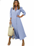 CHOUYATOU Women's Summer 3/4 Sleeve Striped Maxi Long Shirt Dress Boho Ruffled Button Down Beach Dress