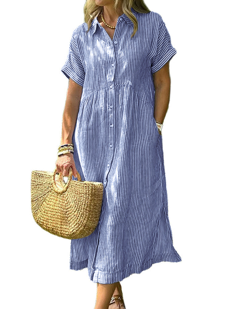 Chouyatou Women's Summer Striped Midi Long Shirt Dress Casual Loose Short Sleeve Button Down Dress