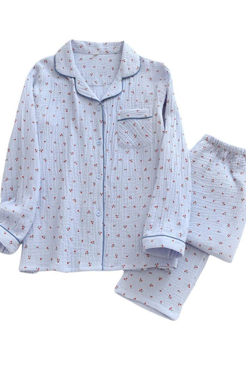 Chouyatou Womens Cotton Gauze Pajama Set Long Sleeve Button Up Shirt and Pants 2 Piece Cute Printed Pj Set