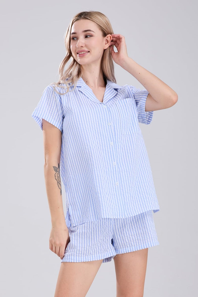 Chouyatou Womens Striped Pajama Set Cute Heart Pjs Sleepwear Short Sleeve Shirt and Shorts Set