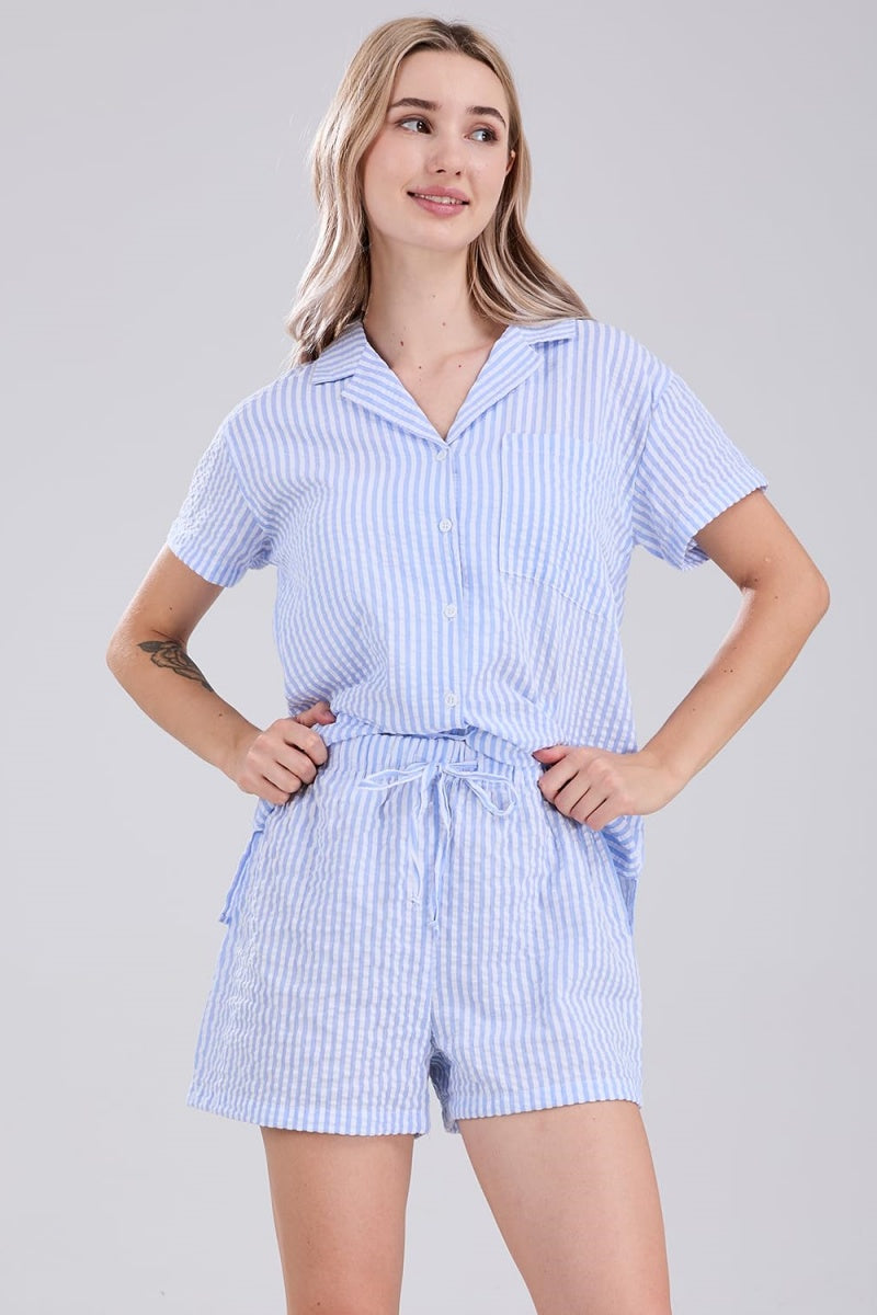Chouyatou Womens Striped Pajama Set Cute Heart Pjs Sleepwear Short Sleeve Shirt and Shorts Set