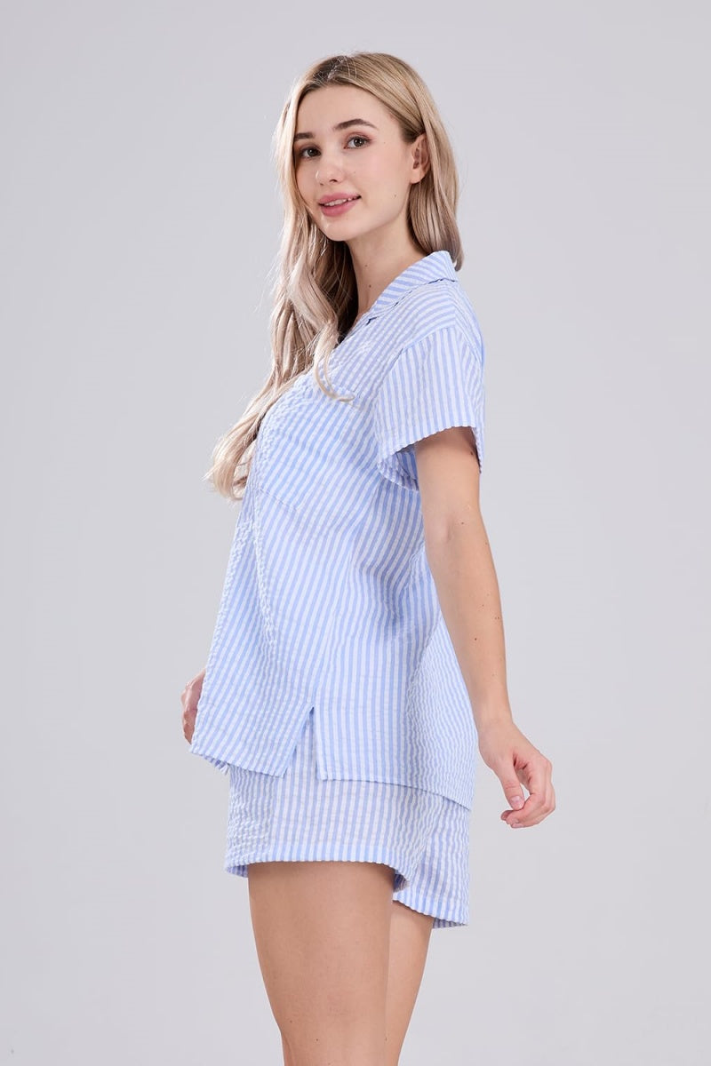Chouyatou Womens Striped Pajama Set Cute Heart Pjs Sleepwear Short Sleeve Shirt and Shorts Set