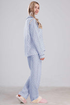 Chouyatou Womens Cotton Gauze Pajama Set Long Sleeve Button Up Shirt and Pants 2 Piece Cute Printed Pj Set