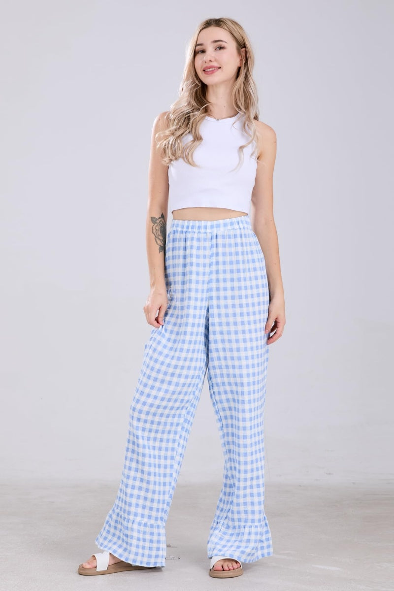 Chouyatou Womens Gingham Pants Wide Leg Lounge Pants Y2k Plaid Print Ruffle Hem Loose Trouser