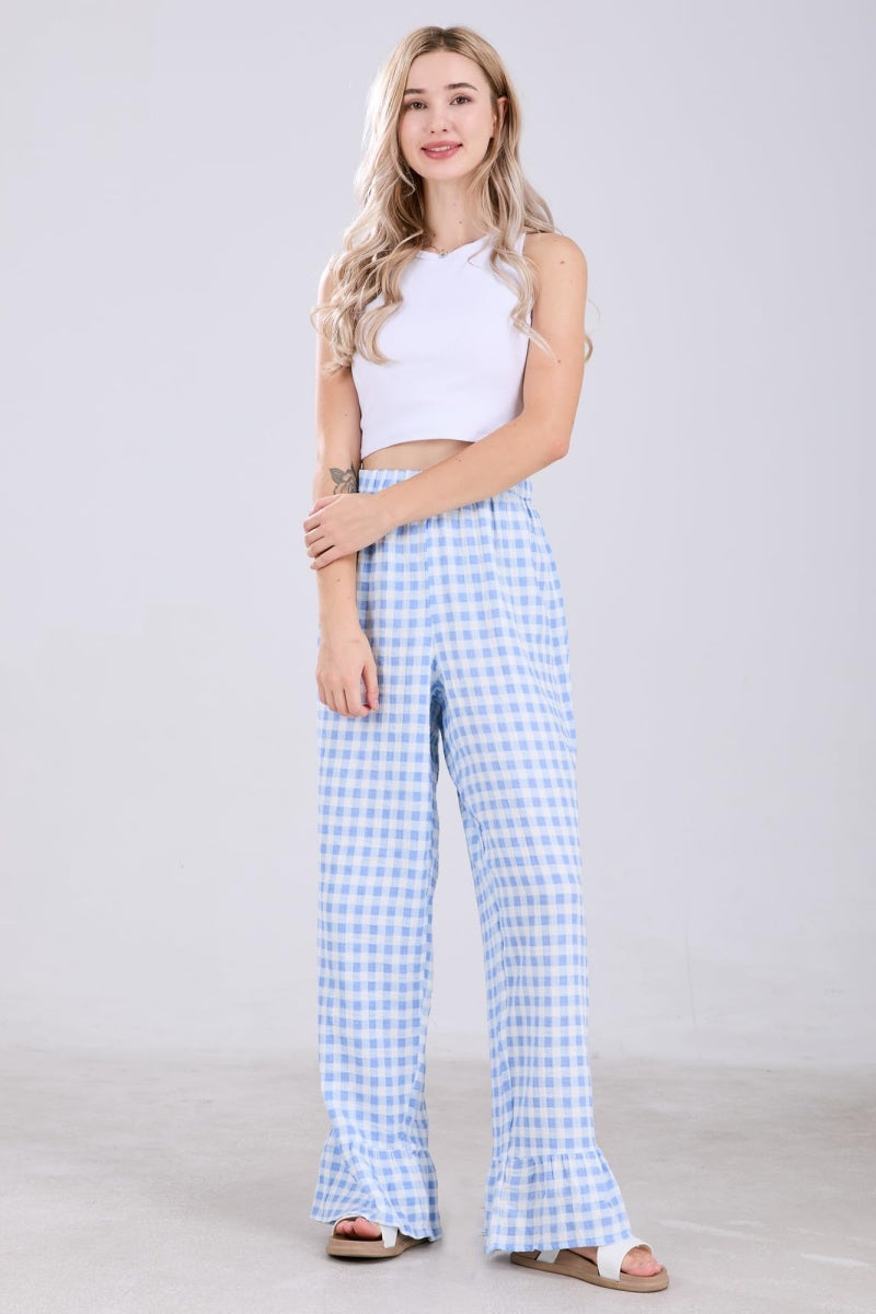 Chouyatou Womens Gingham Pants Wide Leg Lounge Pants Y2k Plaid Print Ruffle Hem Loose Trouser