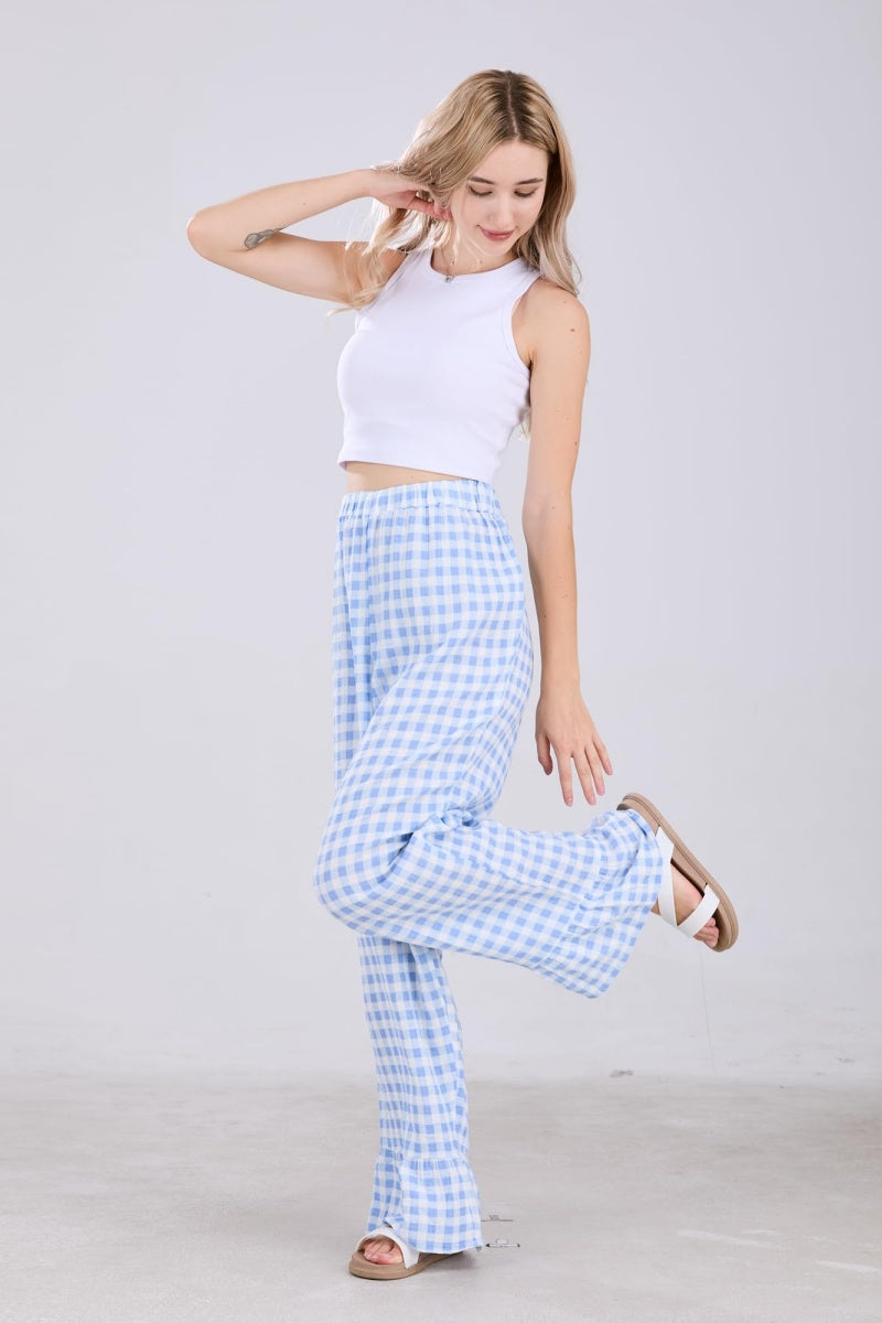 Chouyatou Womens Gingham Pants Wide Leg Lounge Pants Y2k Plaid Print Ruffle Hem Loose Trouser