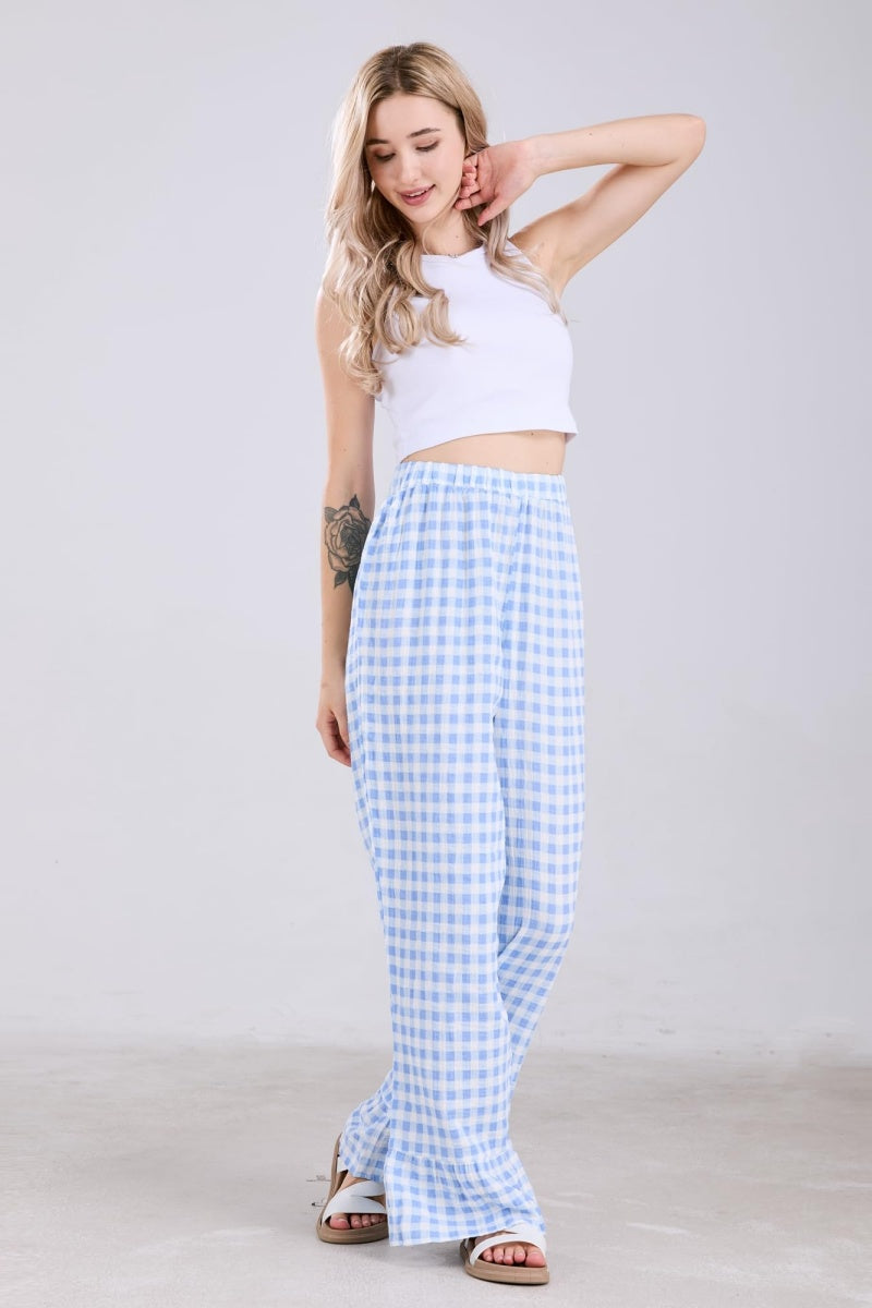Chouyatou Womens Gingham Pants Wide Leg Lounge Pants Y2k Plaid Print Ruffle Hem Loose Trouser