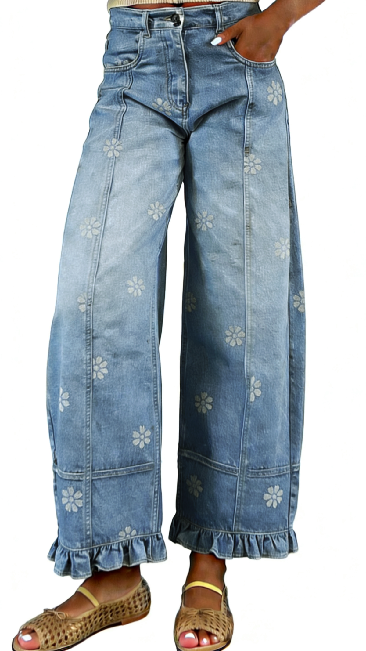 Chouyatou Barrel Jeans Women Floral Print Wide Leg Jeans Y2k Patchwork Baggy Boyfriend Denim Pants