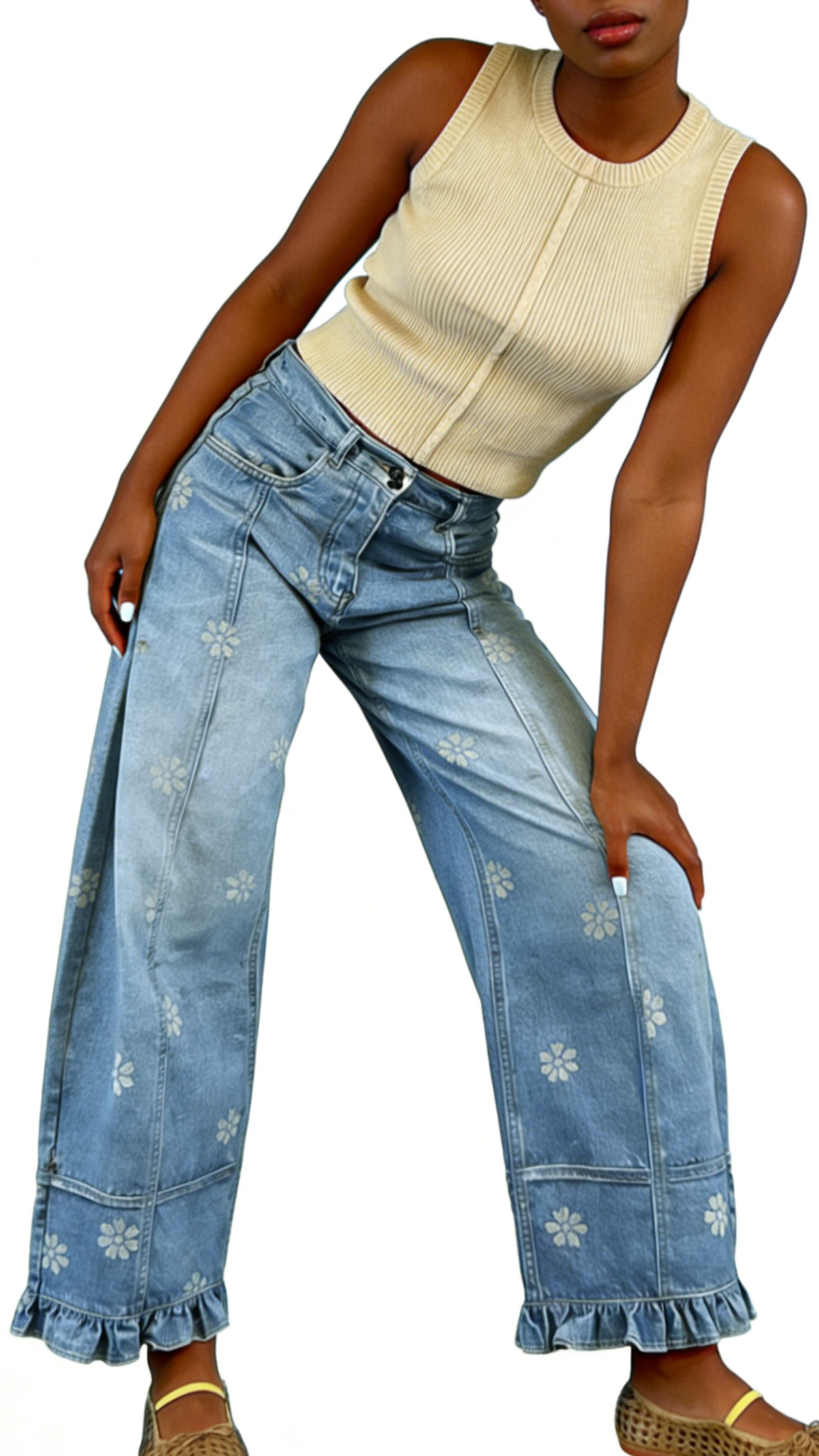 Chouyatou Barrel Jeans Women Floral Print Wide Leg Jeans Y2k Patchwork Baggy Boyfriend Denim Pants