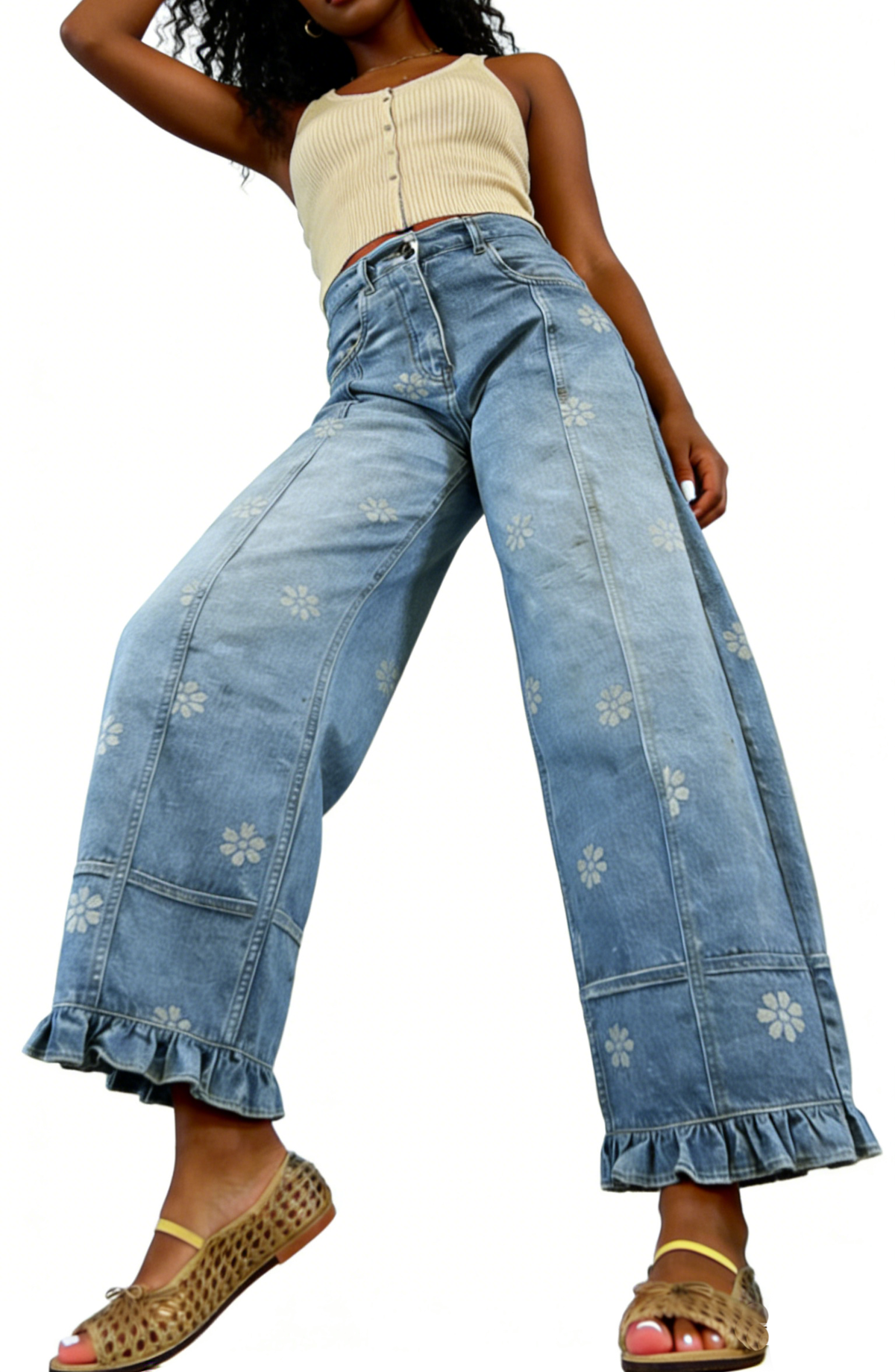 Chouyatou Barrel Jeans Women Floral Print Wide Leg Jeans Y2k Patchwork Baggy Boyfriend Denim Pants