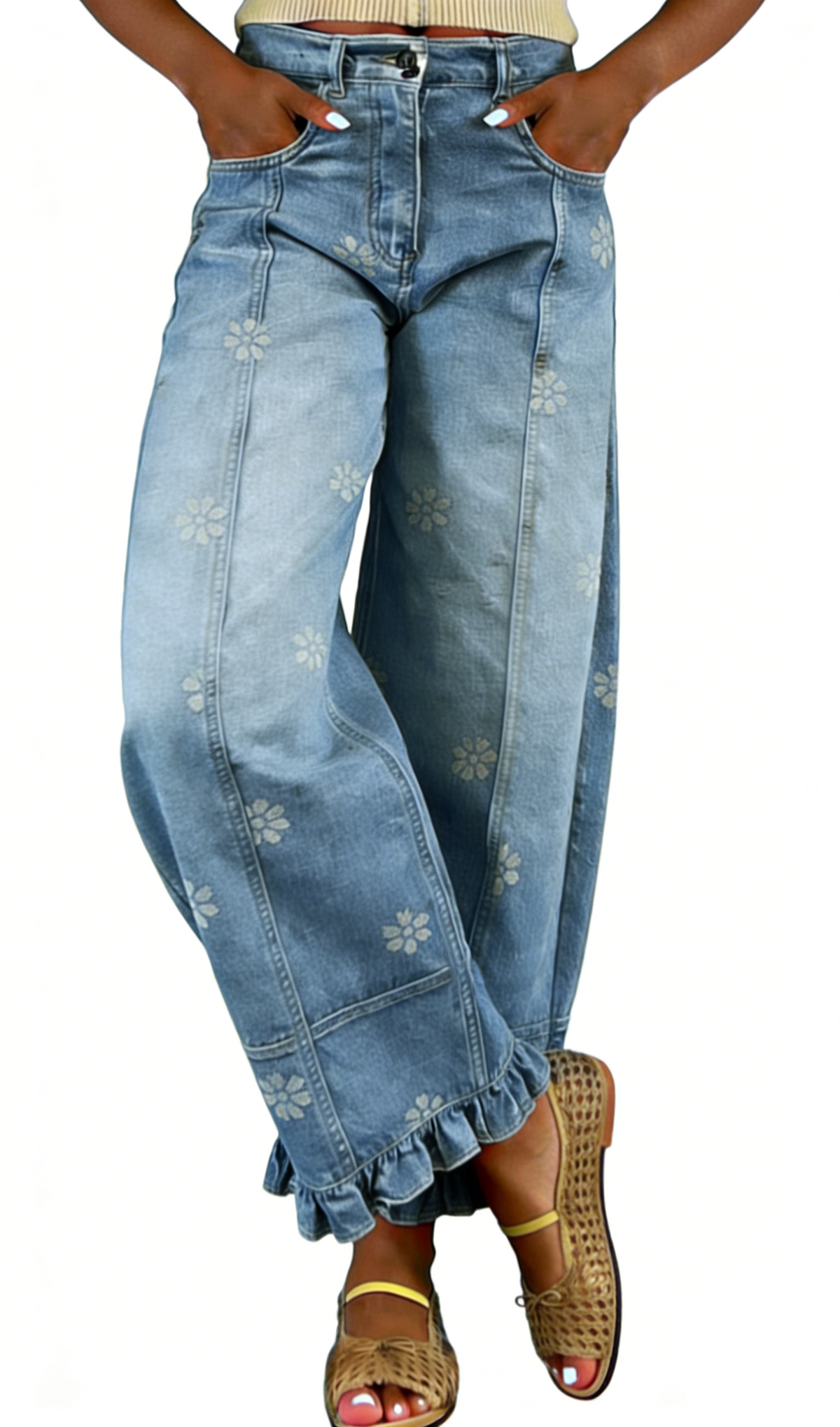 Chouyatou Barrel Jeans Women Floral Print Wide Leg Jeans Y2k Patchwork Baggy Boyfriend Denim Pants