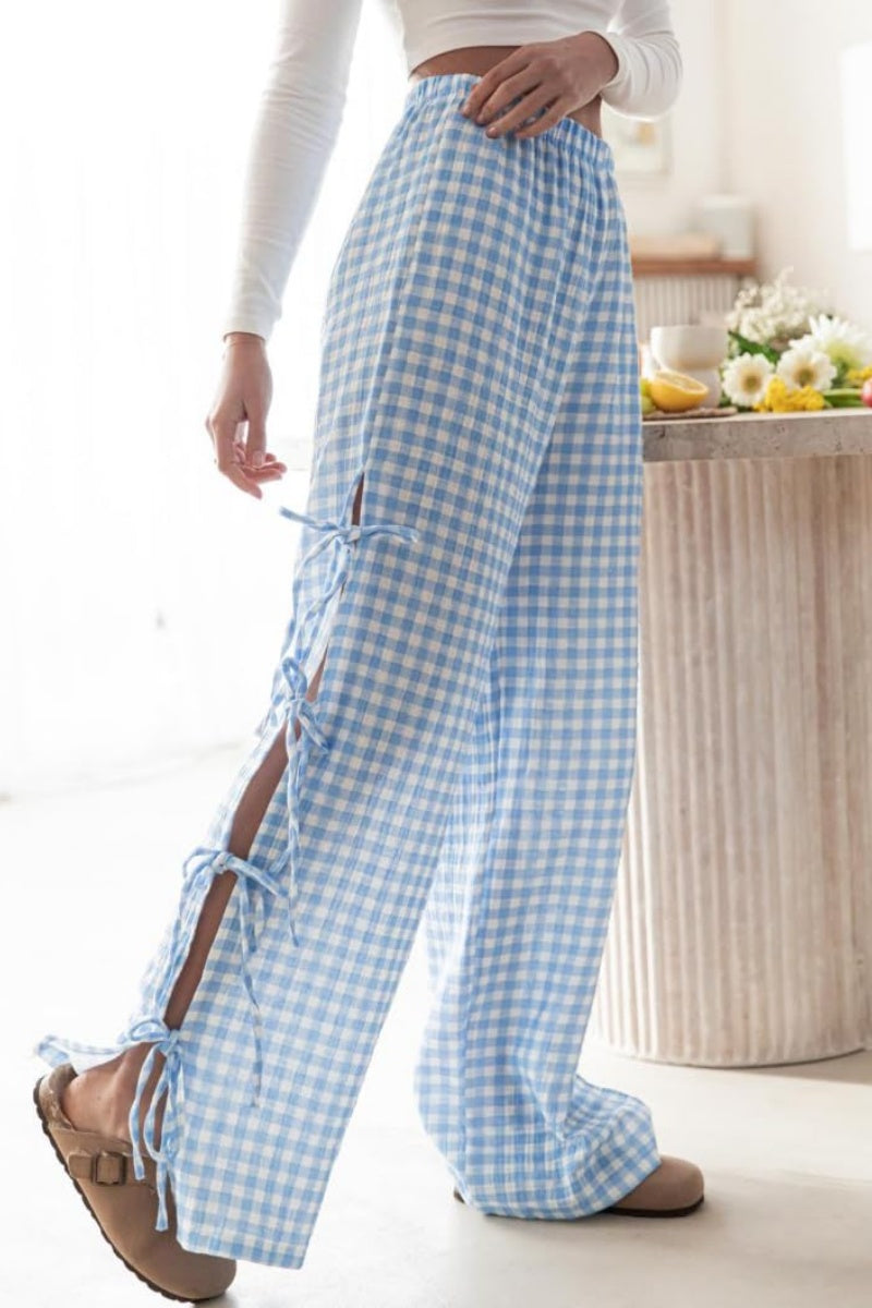 Chouyatou Womens Gingham Striped Wide Leg Pants Y2k Lounge Pants Lace Up Loose Trousers