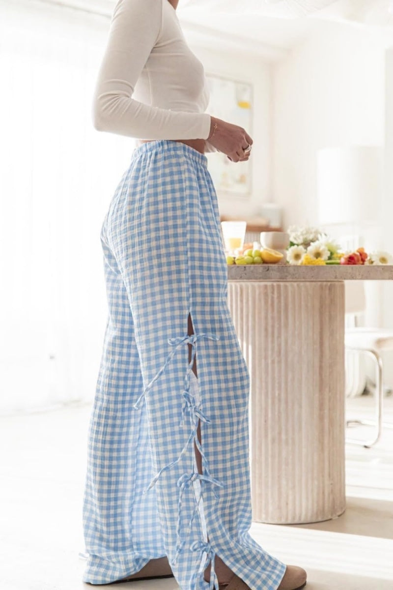 Chouyatou Womens Gingham Striped Wide Leg Pants Y2k Lounge Pants Lace Up Loose Trousers