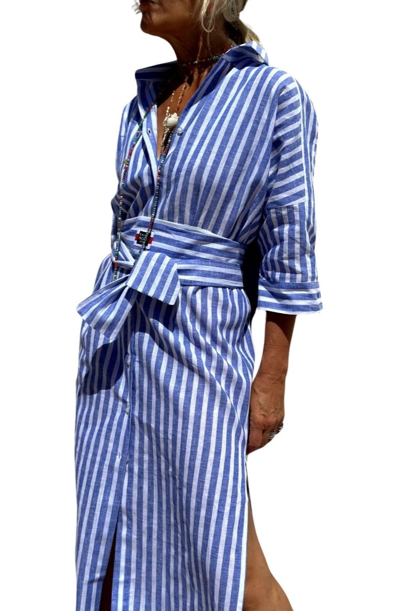 Chouyatou Womens Shirt Dress Casual Lapel 3/4 Sleeve Button Down Split Belted Vacation Maxi Dress
