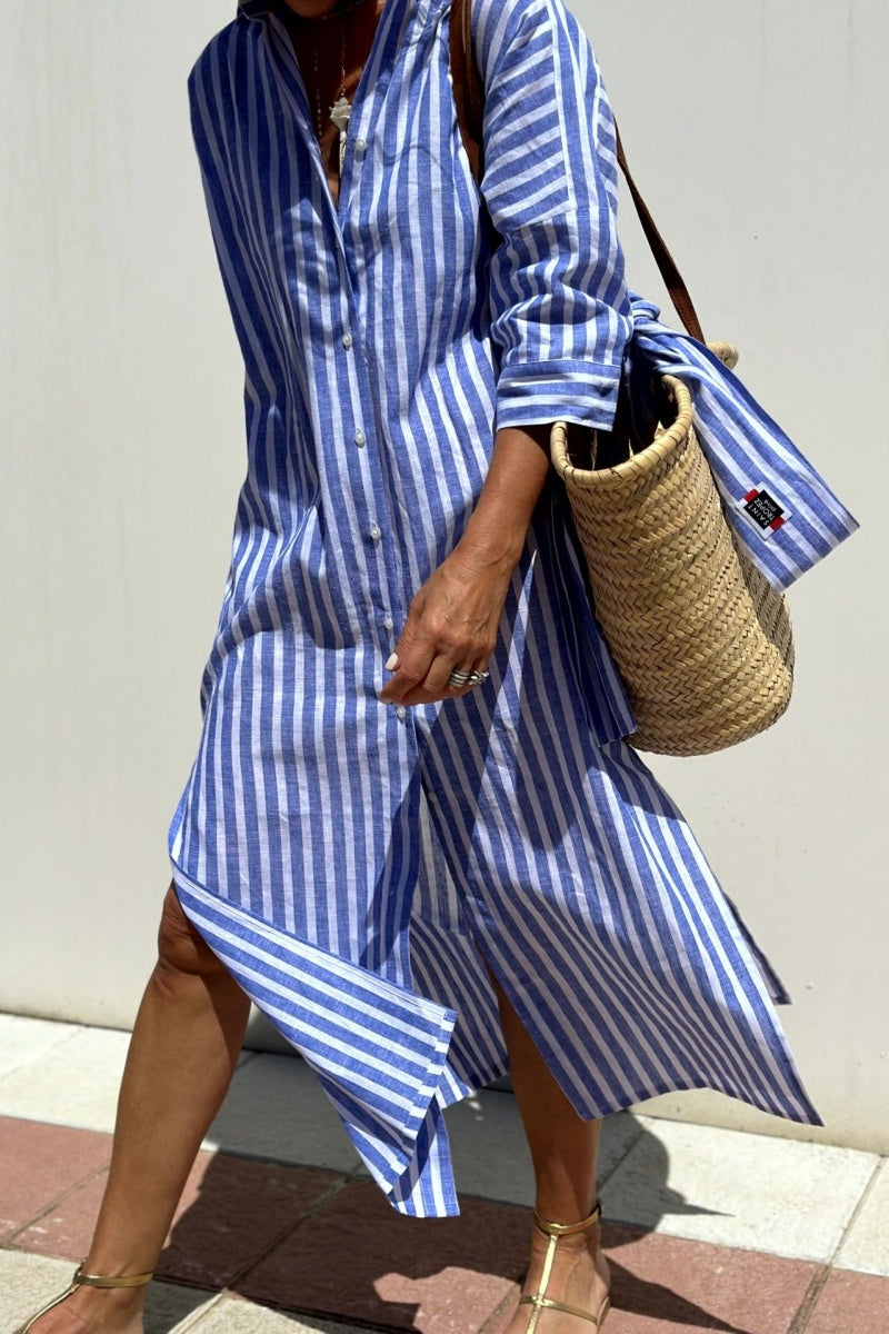 Chouyatou Womens Shirt Dress Casual Lapel 3/4 Sleeve Button Down Split Belted Vacation Maxi Dress