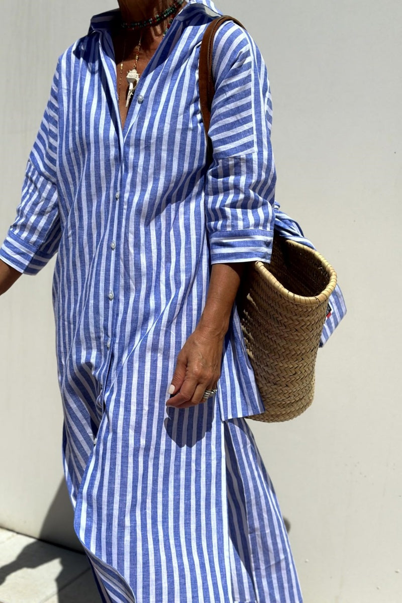 Chouyatou Womens Shirt Dress Casual Lapel 3/4 Sleeve Button Down Split Belted Vacation Maxi Dress