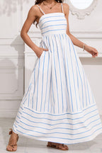 Chouyatou Women's Striped Back Smocked Maxi Dress Sexy Spaghetti Strap Cut Out Flowy Swing Long Dress