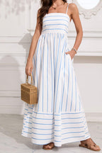 Chouyatou Women's Striped Back Smocked Maxi Dress Sexy Spaghetti Strap Cut Out Flowy Swing Long Dress