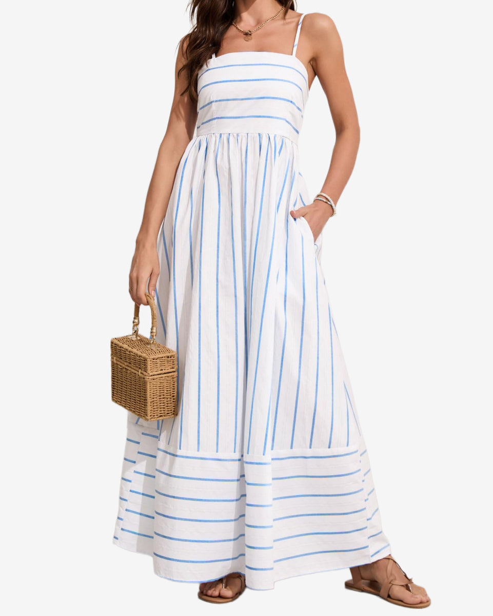 Chouyatou Women's Striped Back Smocked Maxi Dress Sexy Spaghetti Strap Cut Out Flowy Swing Long Dress