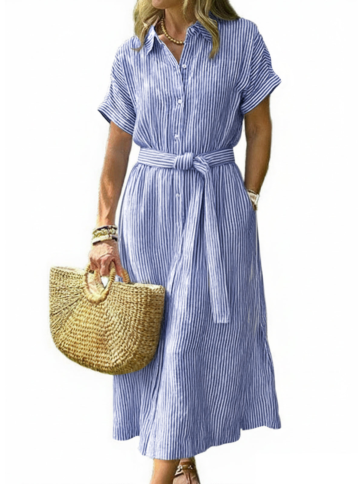 Chouyatou Women's Summer Boho Belted Striped Shirt Dress Casual Loose Short Sleeve Midi Long Beach Dress