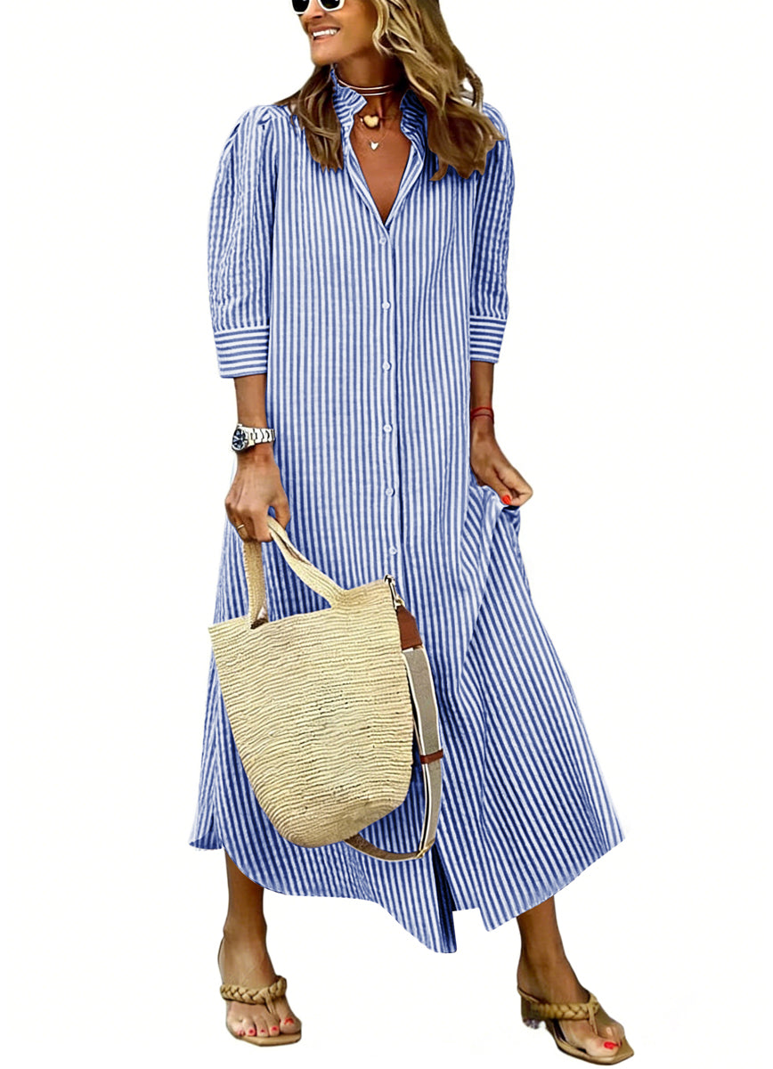 Chouyatou Women's Summer 3/4 Sleeve Striped Maxi Long Shirt Dress Boho Ruffled Button Down Beach Dress