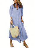 CHOUYATOU Women's Summer 3/4 Sleeve Striped Maxi Long Shirt Dress Boho Ruffled Button Down Beach Dress
