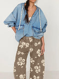 Chouyatou Women Y2k Distressed Barrel Jeans Baggy Wide Leg Jeans Floral Printed Boyfriend Patchwork Denim Pants