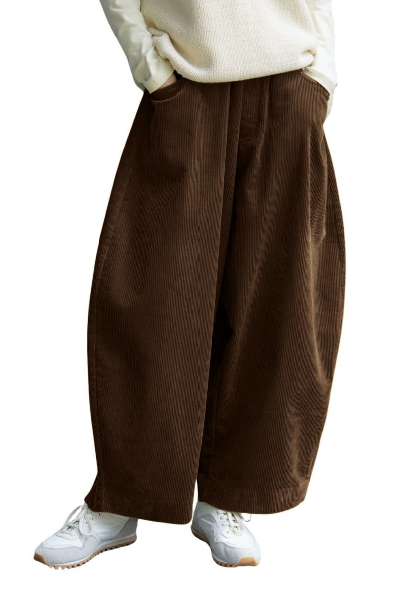 Chouyatou Women Corduroy Barrel Pants Wide Leg Vintage Mid Rise Y2k Baggy Boyfriend Pants