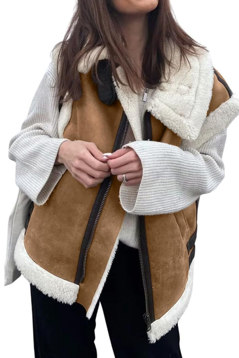 Chouyatou Women's Winter Warm Suede Sherpa Leather Vest Jacket Zip Up Sleeveless Lambwool Fur Coat with Pockets