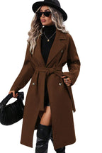 Chouyatou Womens Long Wool Pea Coat Notched Lapel Double Breasted Trench Coat Winter Warm Overcoat with Belt