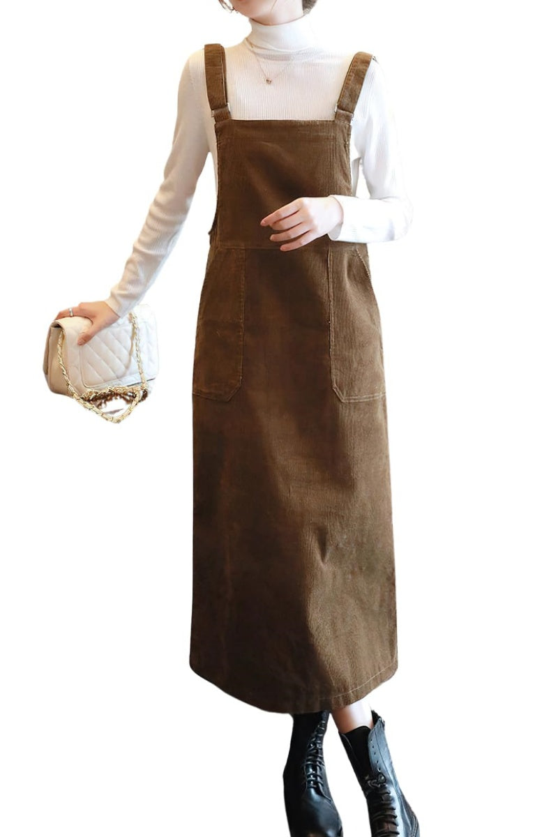 Chouyatou Womens Cute Corduroy Adjustable Strap Overall Dress fringe Pinafore Baggy Maxi Long Tank Dress