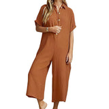 Chouyatou Womens Casual Button Down Rolled-Up Sleeve Jumpsuit Pants Summer Wide Leg Overall Rompers