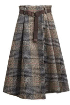 Chouyatou Women's Vintage Plaid Wool Blend Midi Skirt Houndstooth A Line Wool Long Skirt with Belt