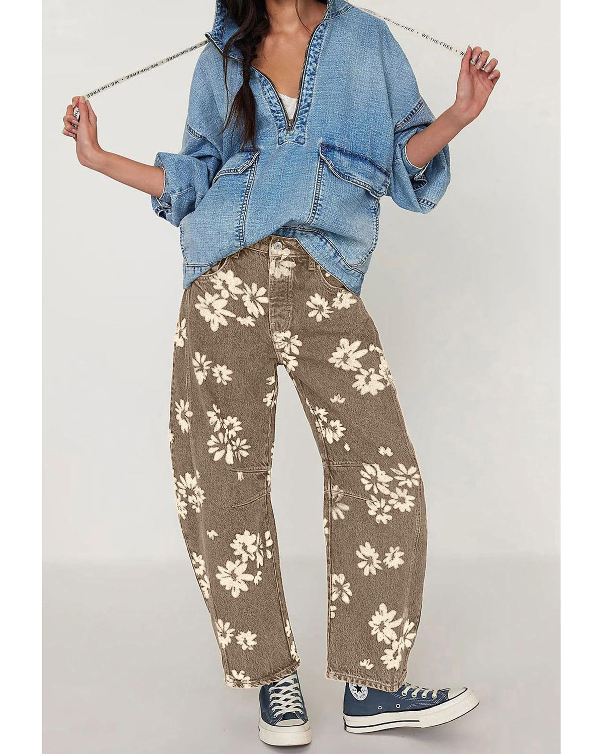 Chouyatou Women Y2k Distressed Barrel Jeans Baggy Wide Leg Jeans Floral Printed Boyfriend Patchwork Denim Pants