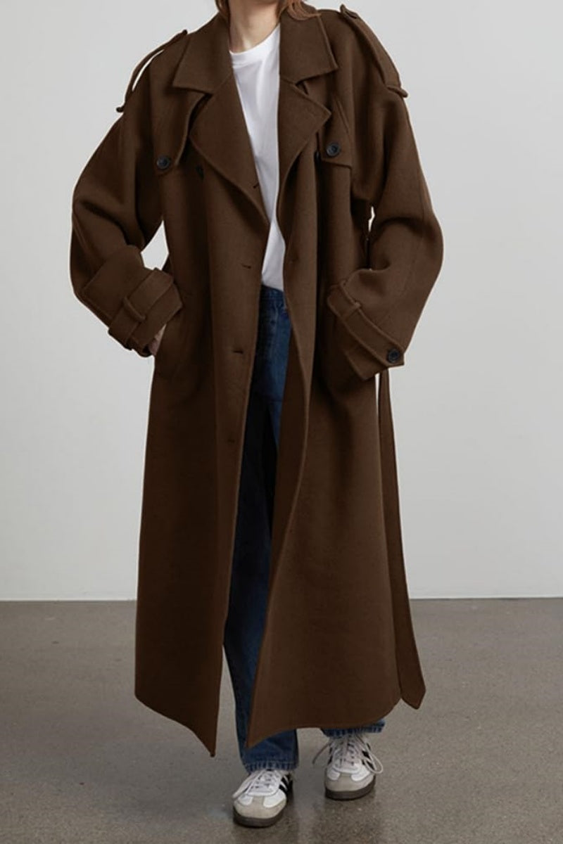 Chouyatou Women's Winter Double Breasted Wool Coat Long Sleeve Notch Lapel Midi Long Winter Trench Coat with Belt