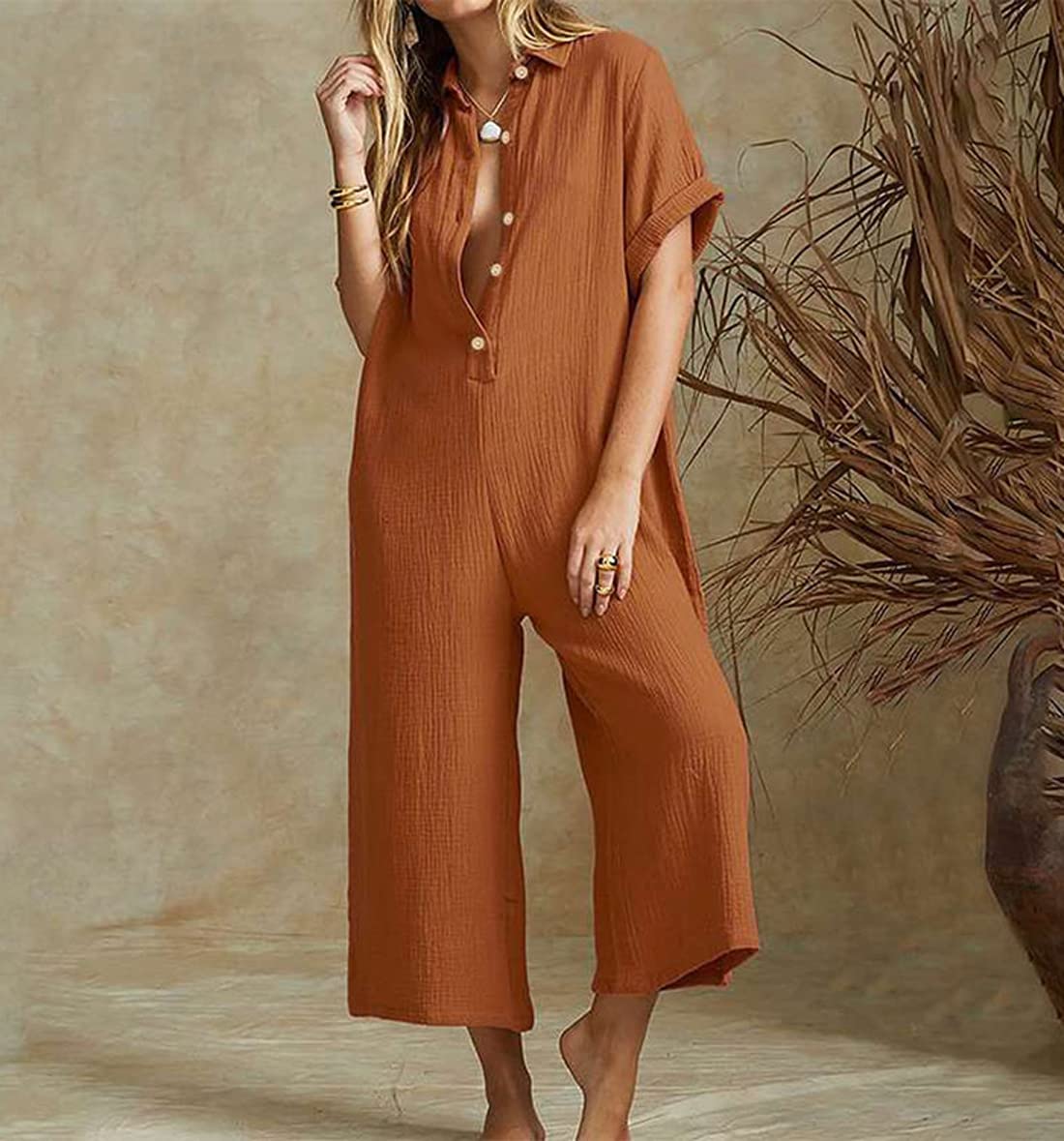 Chouyatou Womens Casual Button Down Rolled-Up Sleeve Jumpsuit Pants Summer Wide Leg Overall Rompers