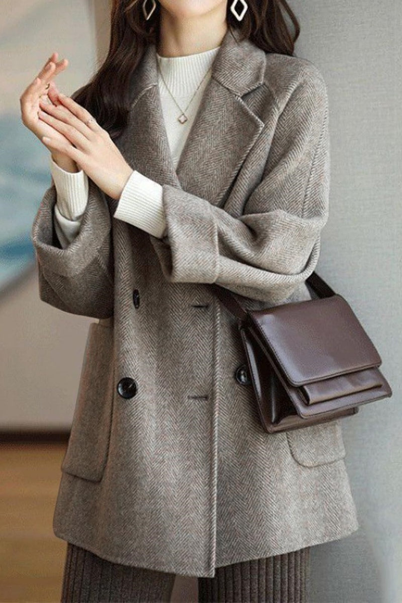 Chouyatou Women Wool Coat Peacoat Jacket Thick Loose Double Breasted Pea Coat Woolen Winter Overcoat
