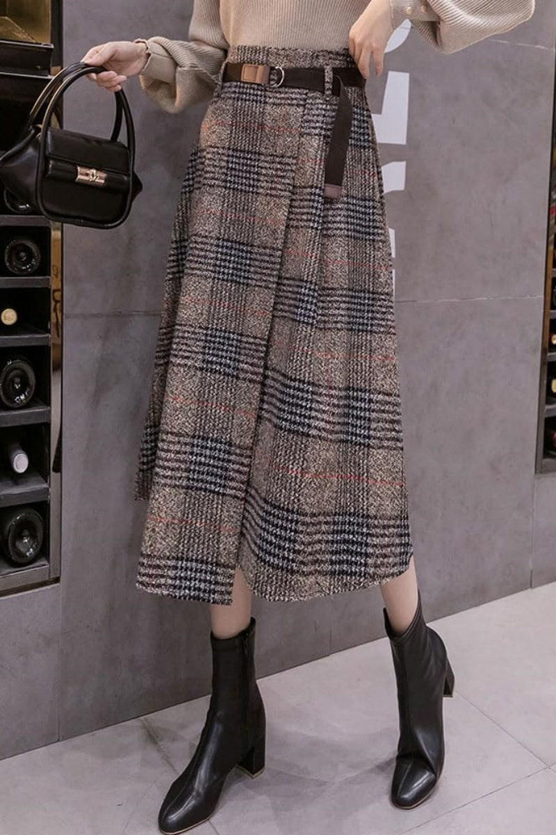 Chouyatou Women's Vintage Plaid Wool Blend Midi Skirt Houndstooth A Line Wool Long Skirt with Belt