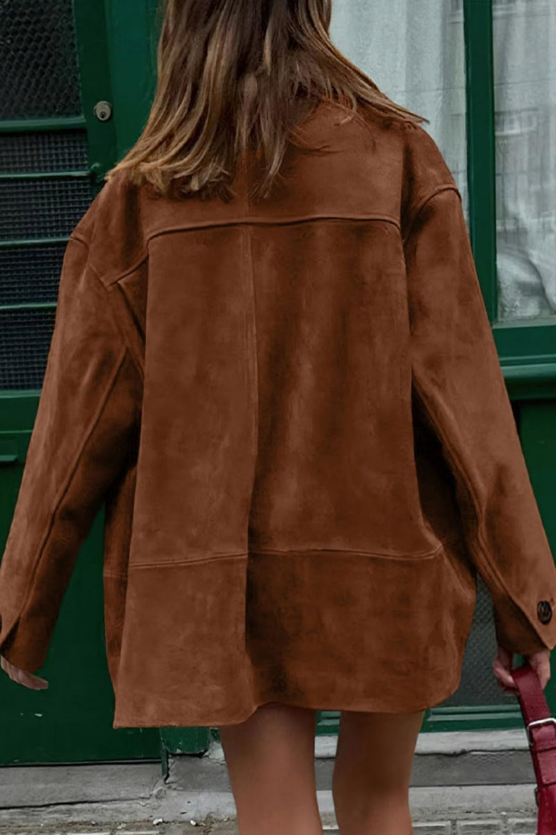 Chouyatou Women's Fall Boyfriend Faux Suede Leather Jacket Casual Midi Long Button Down Shacket Coat