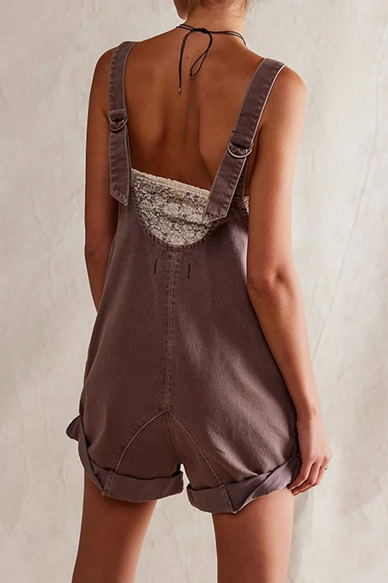 Chouyatou Women Casual Denim Short Overalls Rolled Cuff Barrel Shorts Jumpsuit Rompers